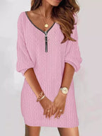 Sarah Express Women's Zip Detail Textured Cable Knit Mini Sweater Dress Pink