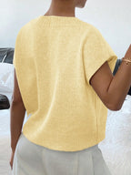 Sarah Express Women's Ribbed Hem V-Neck Short Sleeve Cable-Knit Sweater