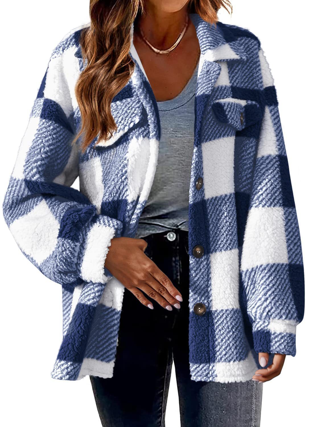 Women's Striped Plush Jacket - Button-Front Shacket Coat in 8 Colors - Loose Fit S-5XL Plus Size