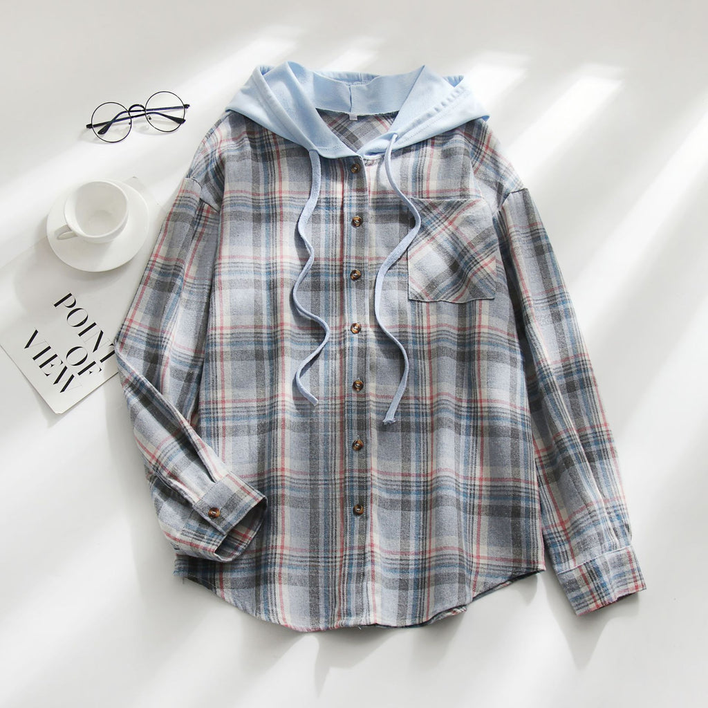 Women's Plaid Hooded Shirt Jacket Casual Loose Fit Pullover Top