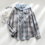 Women's Plaid Hooded Shirt Jacket Casual Loose Fit Pullover Top