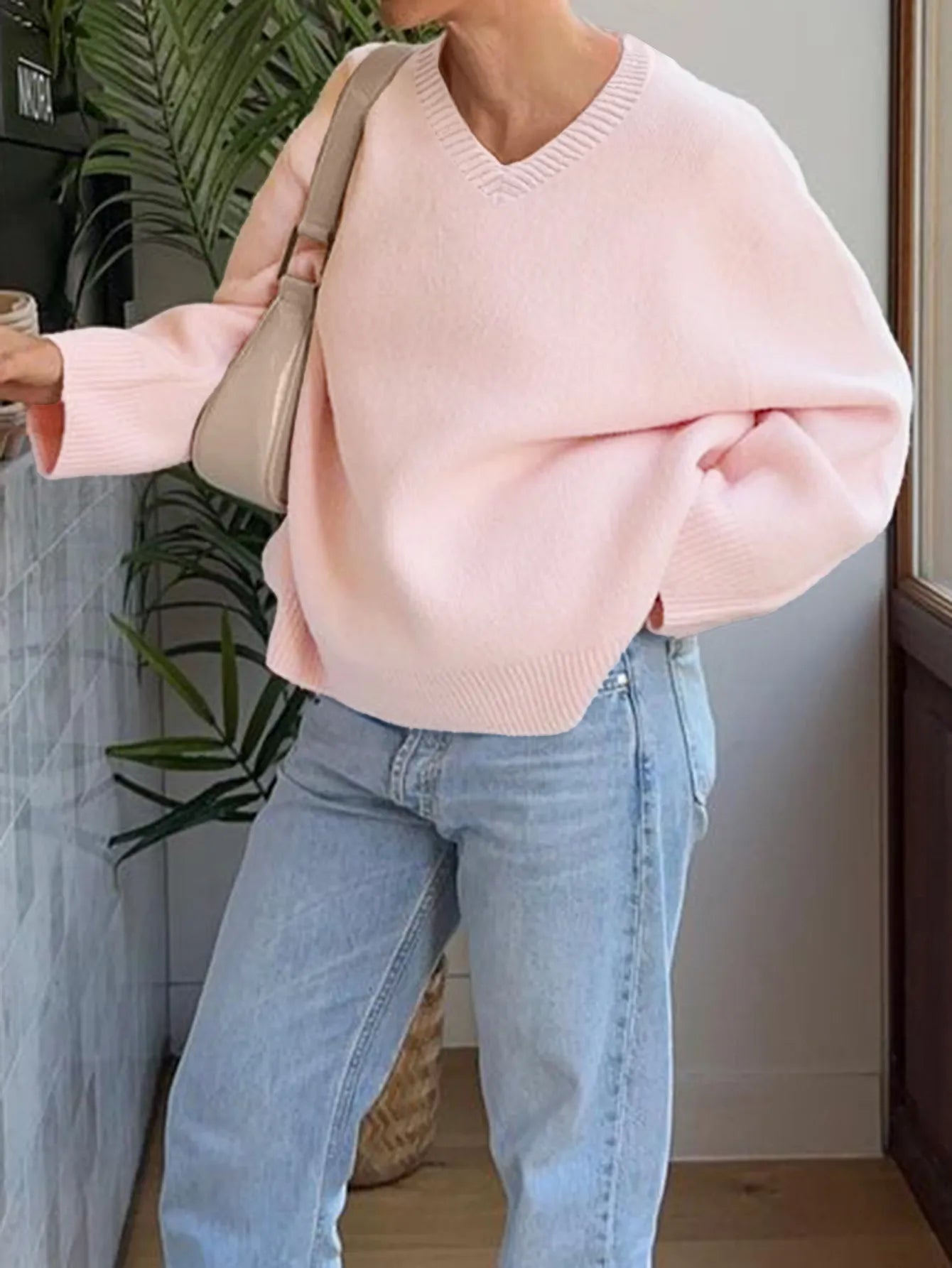 Sarah Express Women's V-Neck Long Sleeve Sweater - Oversized Ribbed Knit Pullover Pink