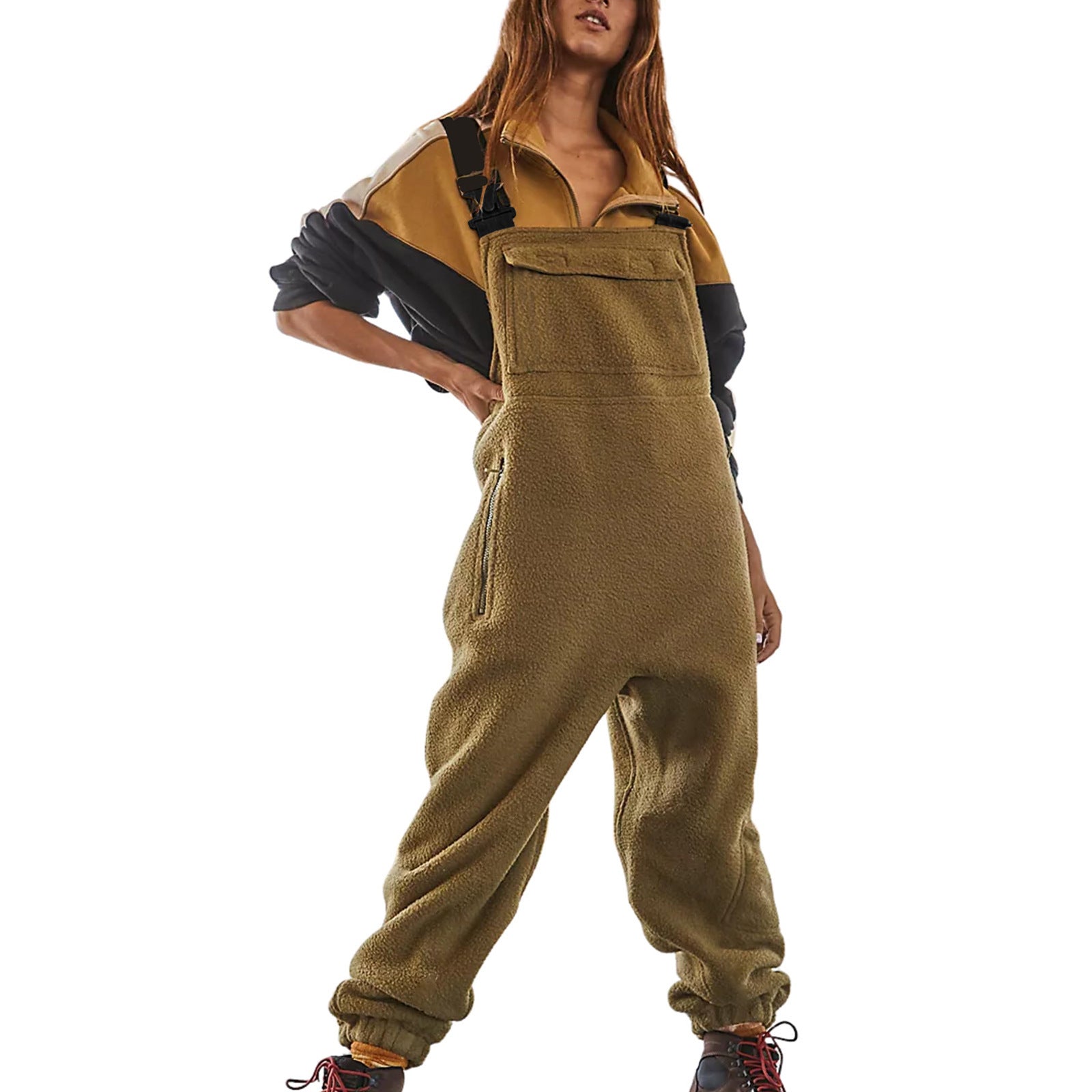 Polar Fleece Workwear Jumpsuit Suspender Overalls Wide Waist