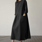 Women's Autumn Solid Color Elegant Cotton Dress Long Sleeve Wide Waist Basic Maxi Dress
