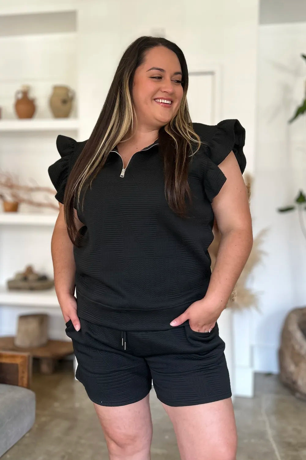 Sarah Express Women’s Plus Size Textured Flounce Sleeve Top and Shorts Set