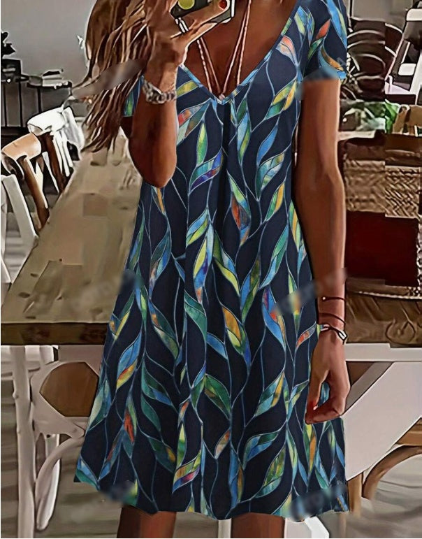 Leaf Print V-Neck A-Line Knee Length Dress