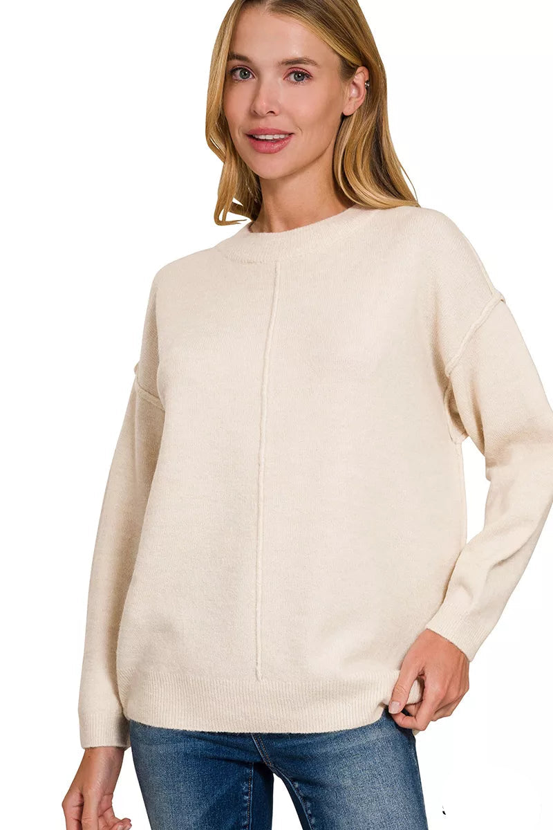 Melange Front Seam Round-Neck Sweater