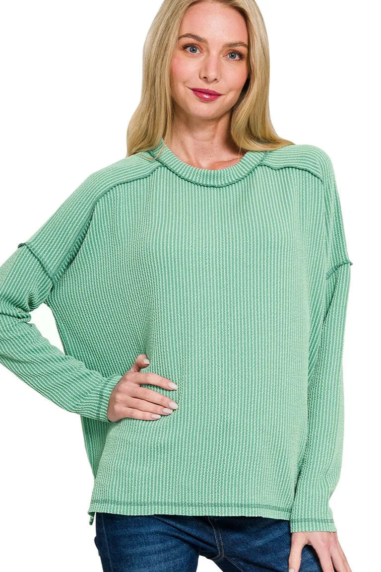 Sarah Express Women’s Exposed Seam Corded Rib Knit Long Sleeve Top