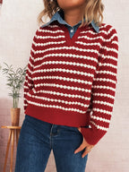Sarah Express Women's Contrast Striped Sweater with Denim Collar - Openwork Knit Pullover