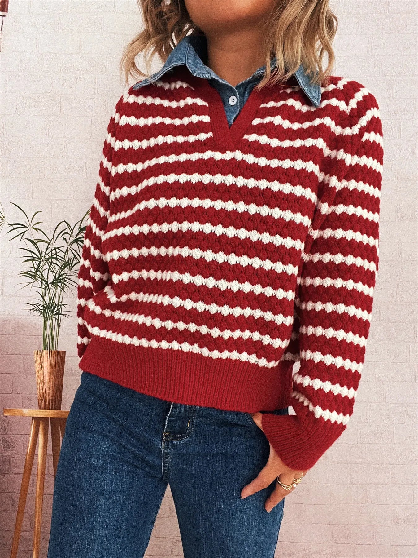 Sarah Express Women's Contrast Striped Sweater with Denim Collar - Openwork Knit Pullover