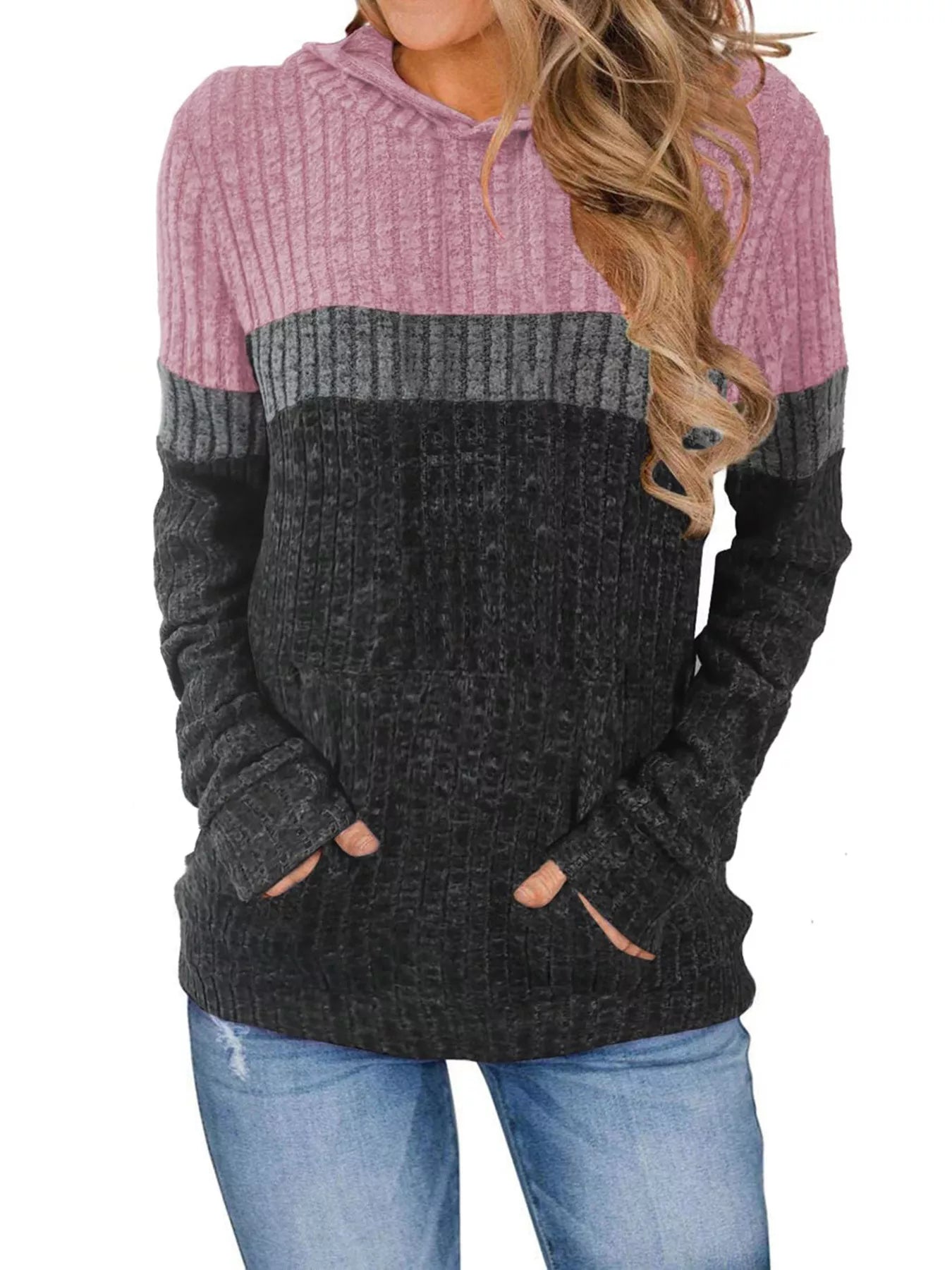 Sarah Express Women's Color Block Ribbed Knit Hoodie Plus Size Pink