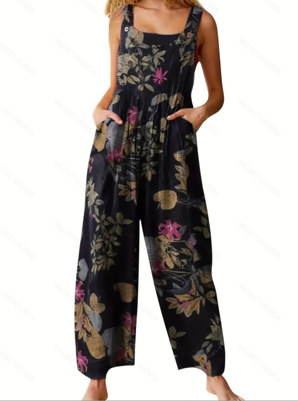 Women's Ethnic Print Jumpsuit Suspender Sleeveless Button Front