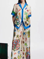 Sarah Express Women's Printed Button Up Shirt and Pants Set