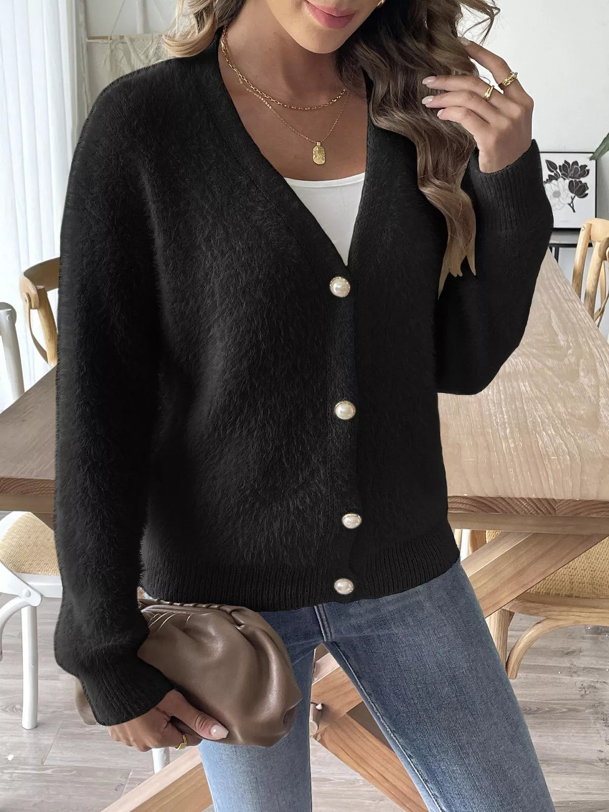 Sarah Express Women's Fuzzy Knit V-Neck Cardigan Black