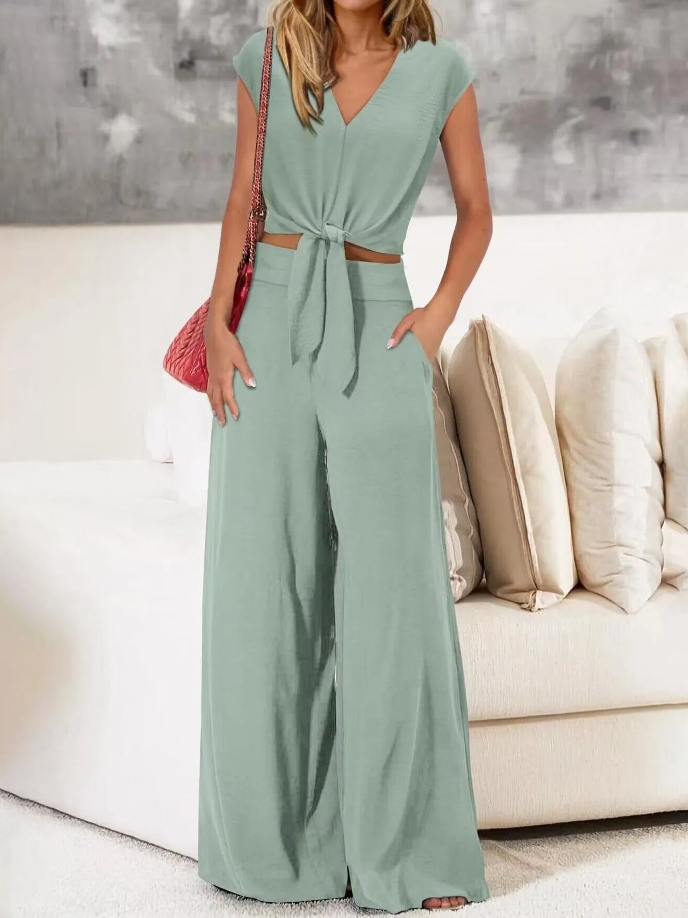 Sarah Express Women's Tie Front Top and Wide Leg Pants Set