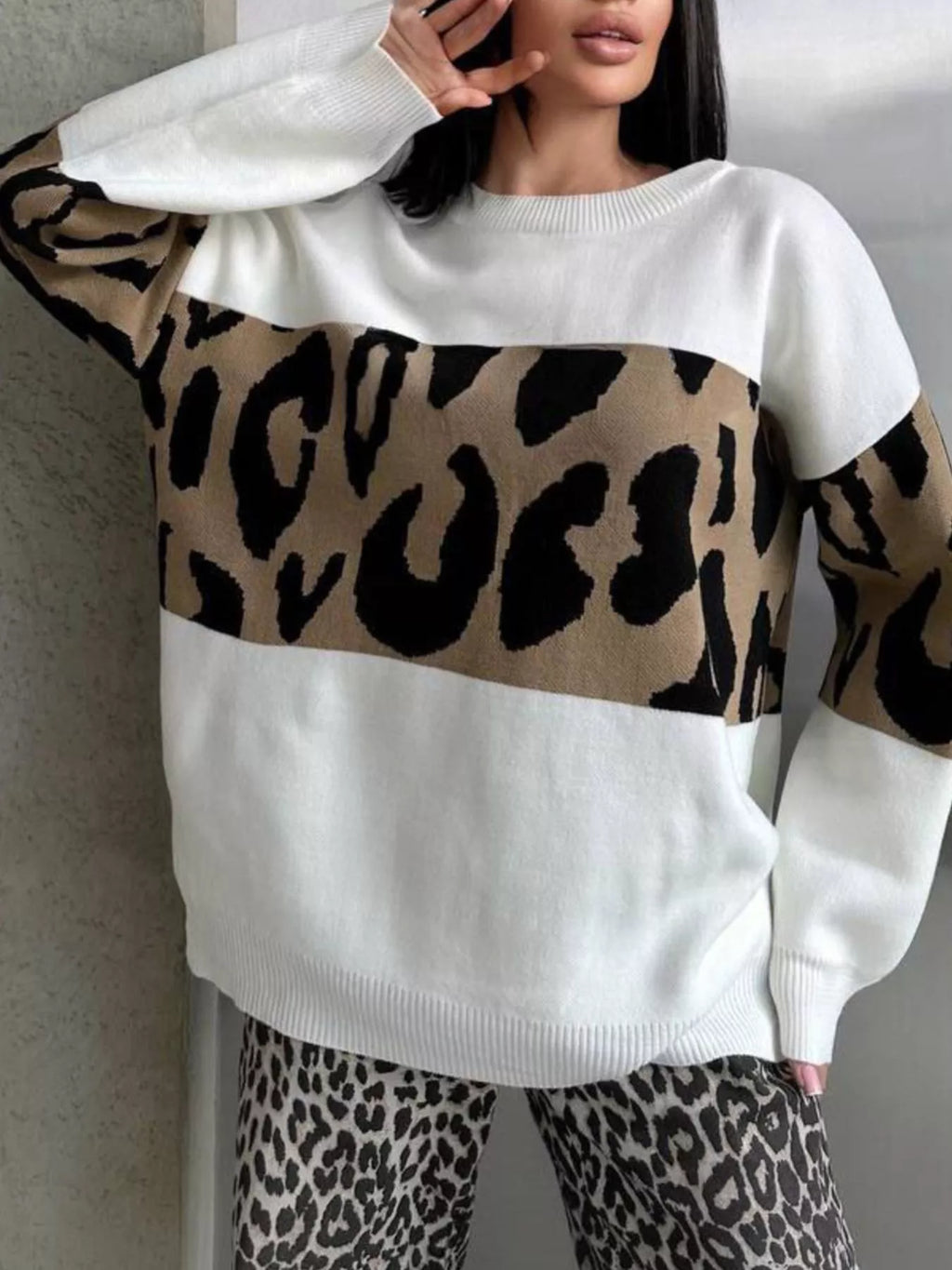 Sarah Express Women's Leopard Color Block Round Neck Sweater