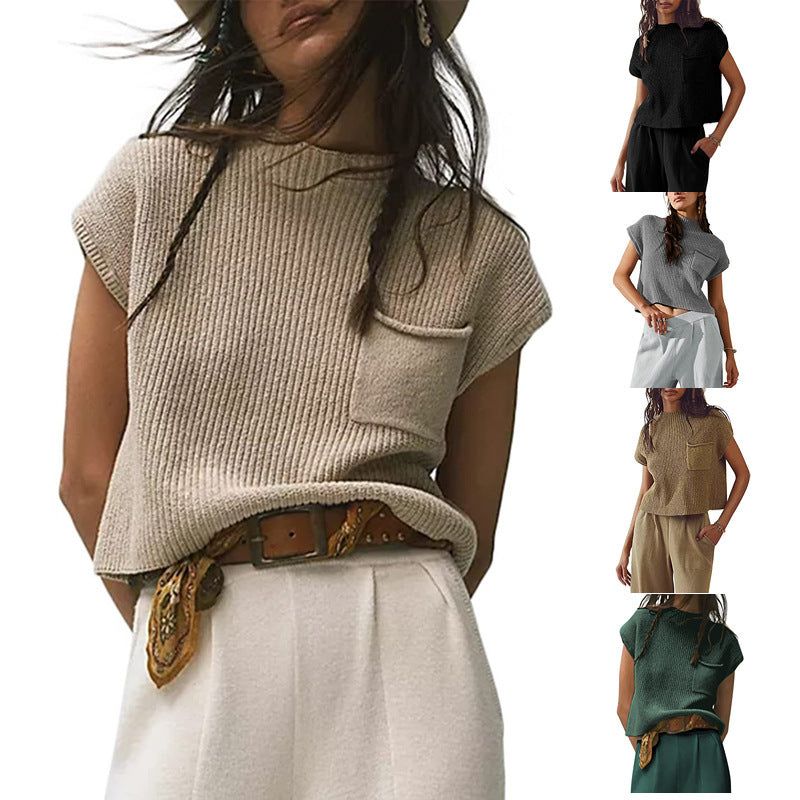 Women's Sleeveless Knit Ribbed Pullover Vest with Pockets