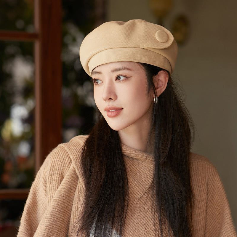 Button Detail Dome Crown Beret Hat Cotton Blend Classic Fall Winter Accessory