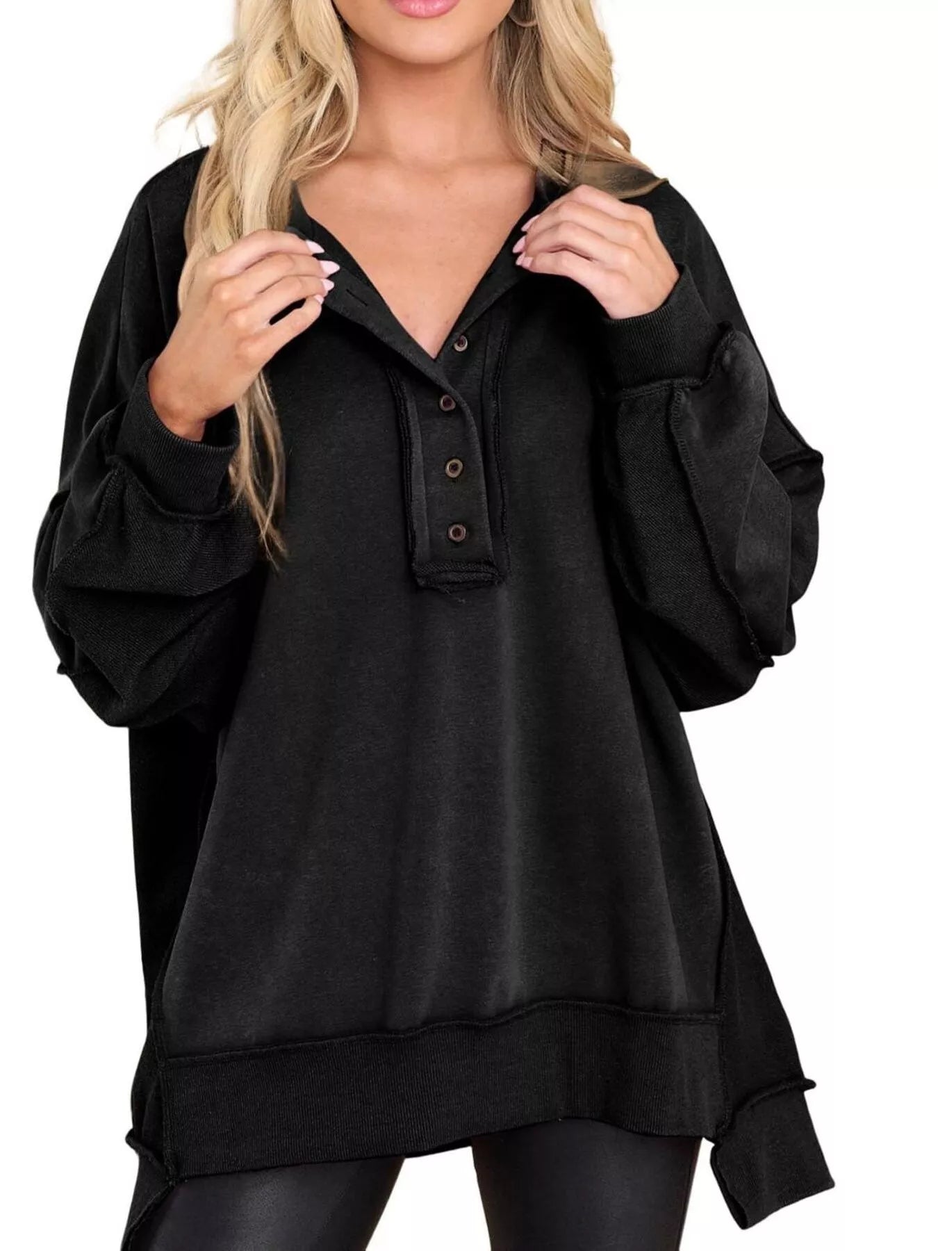 Sarah Express Women's Half Snap Long Sleeve Sweatshirt Black