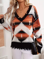 Sarah Express Women's Geometric Frayed Hem V-Neck Long Sleeve Sweater