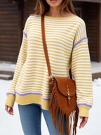 Sarah Express Women's Striped Round Neck Long Sleeve Sweater - Ribbed Knit Pullover