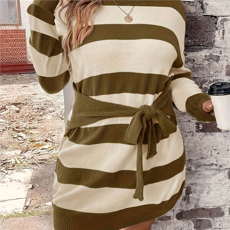 Women's Plus Size Striped Knit Dress - Long Sleeve Midi Length