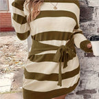 Women's Plus Size Striped Knit Dress - Long Sleeve Midi Length