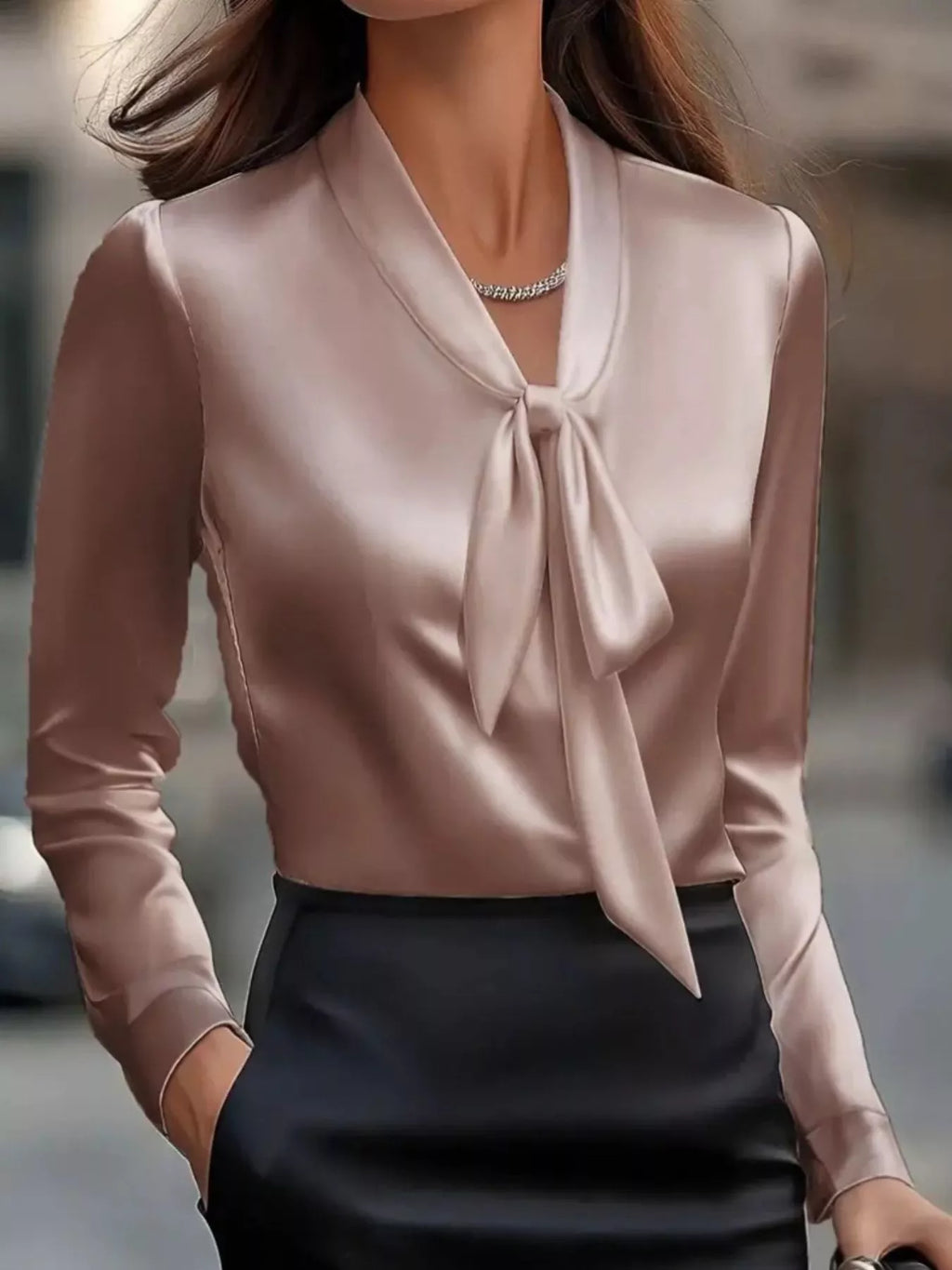 Sarah Express Women's Satin Tie Front Long Sleeve Blouse