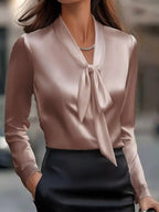 Sarah Express Women's Satin Tie Front Long Sleeve Blouse
