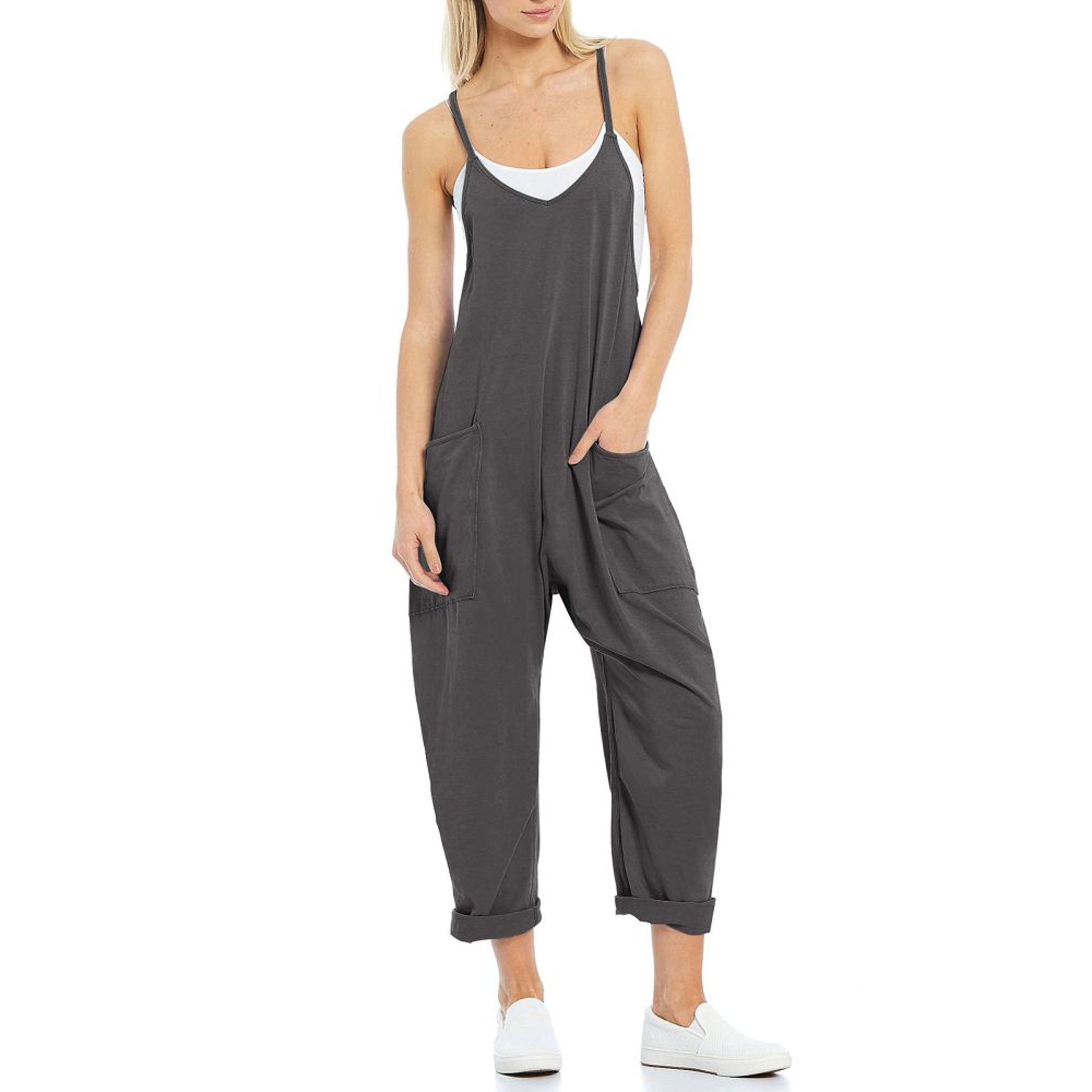 Women's Knitted Spaghetti Strap Jumpsuit - Loose Fit Wide Leg Overalls with Pockets