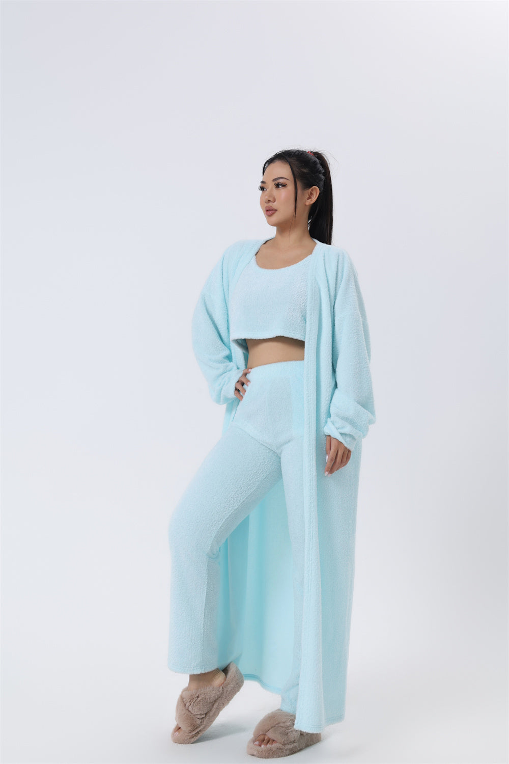 Women's Soft Knit 3 Piece Lounge Set Crop Top Wide Leg Pants Cardigan