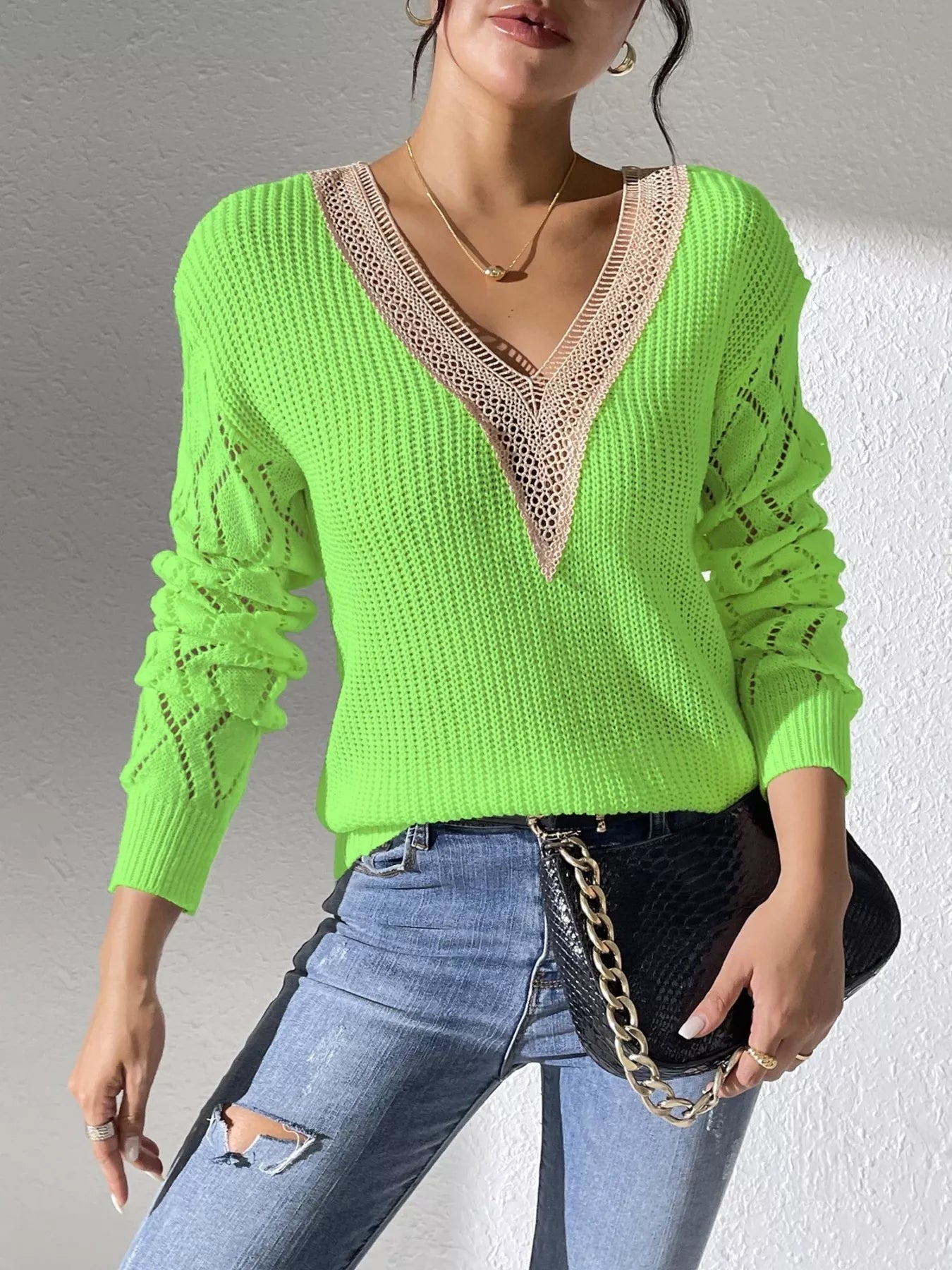 Sarah Express Women's V-Neck Hollow Knit Sweater - Openwork Design Green
