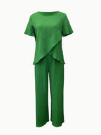 Solid Color 2 Piece Set Crew Neck Short Sleeve Top Long Pants Polyester