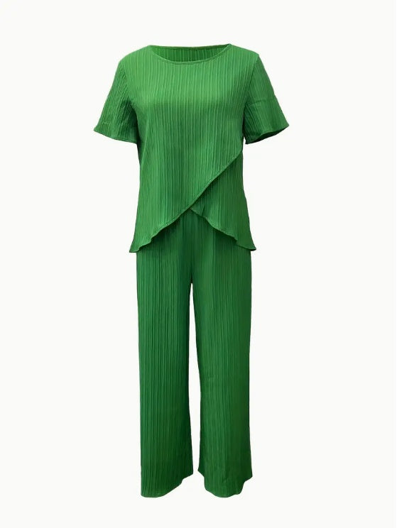 Solid Color 2 Piece Set Crew Neck Short Sleeve Top Long Pants Polyester