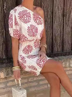 One Shoulder Printed Dress Red Asymmetric A-Line Party Dress