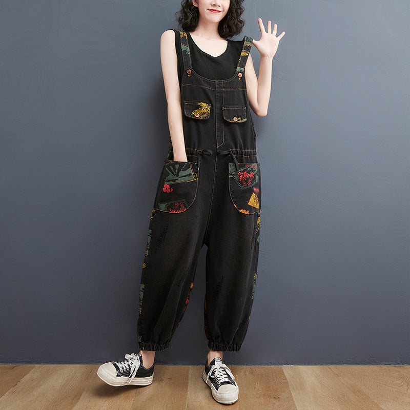 Floral Print Denim Overalls Plus Size Suspender Jeans Cropped