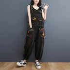 Floral Print Denim Overalls Plus Size Suspender Jeans Cropped