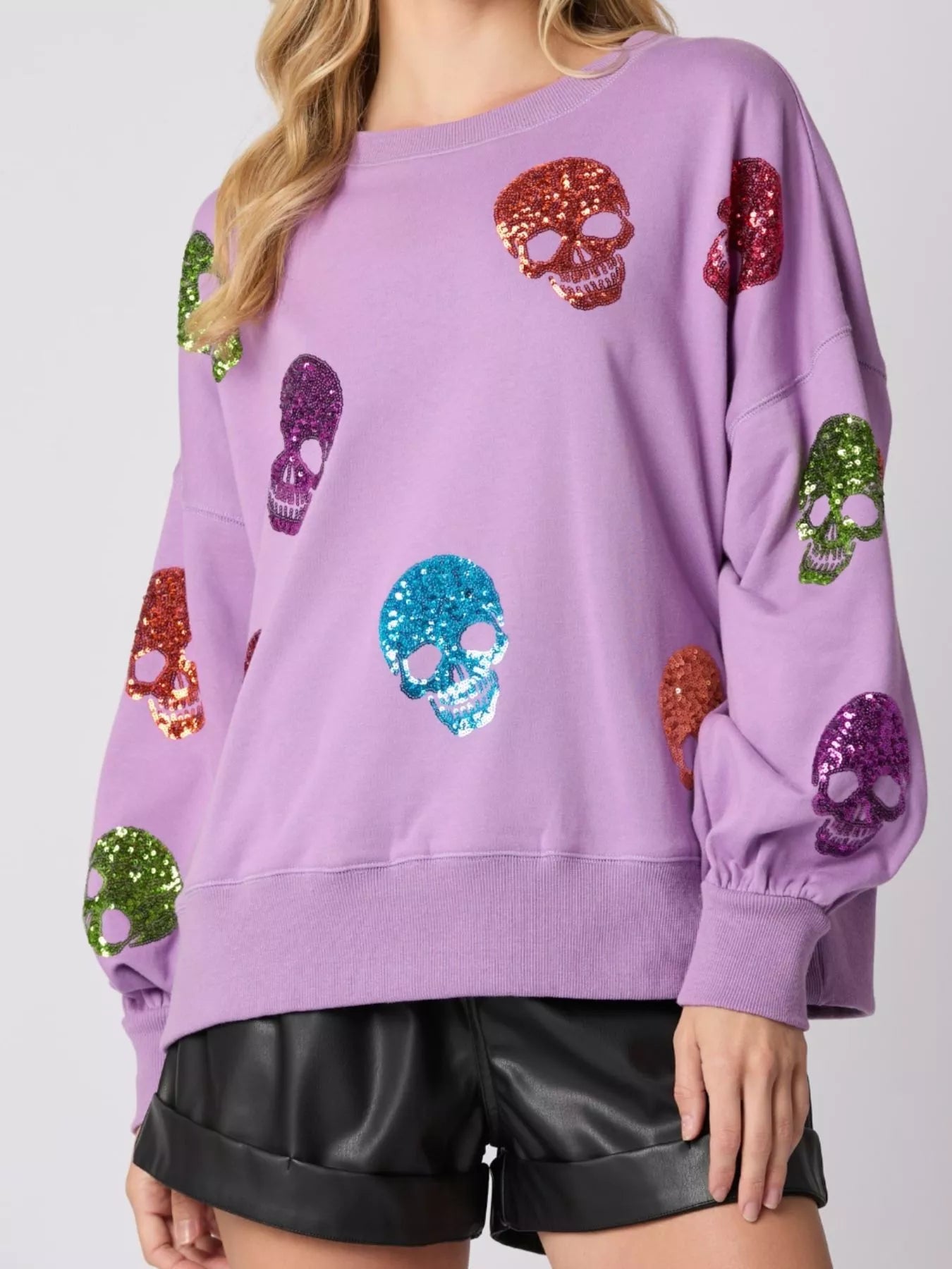 Sarah Express Women's Halloween Colorful Skull Sequin Oversized Sweatshirt Purple