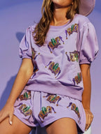 Sarah Express Women's Sequin Round Neck Top and Shorts Set