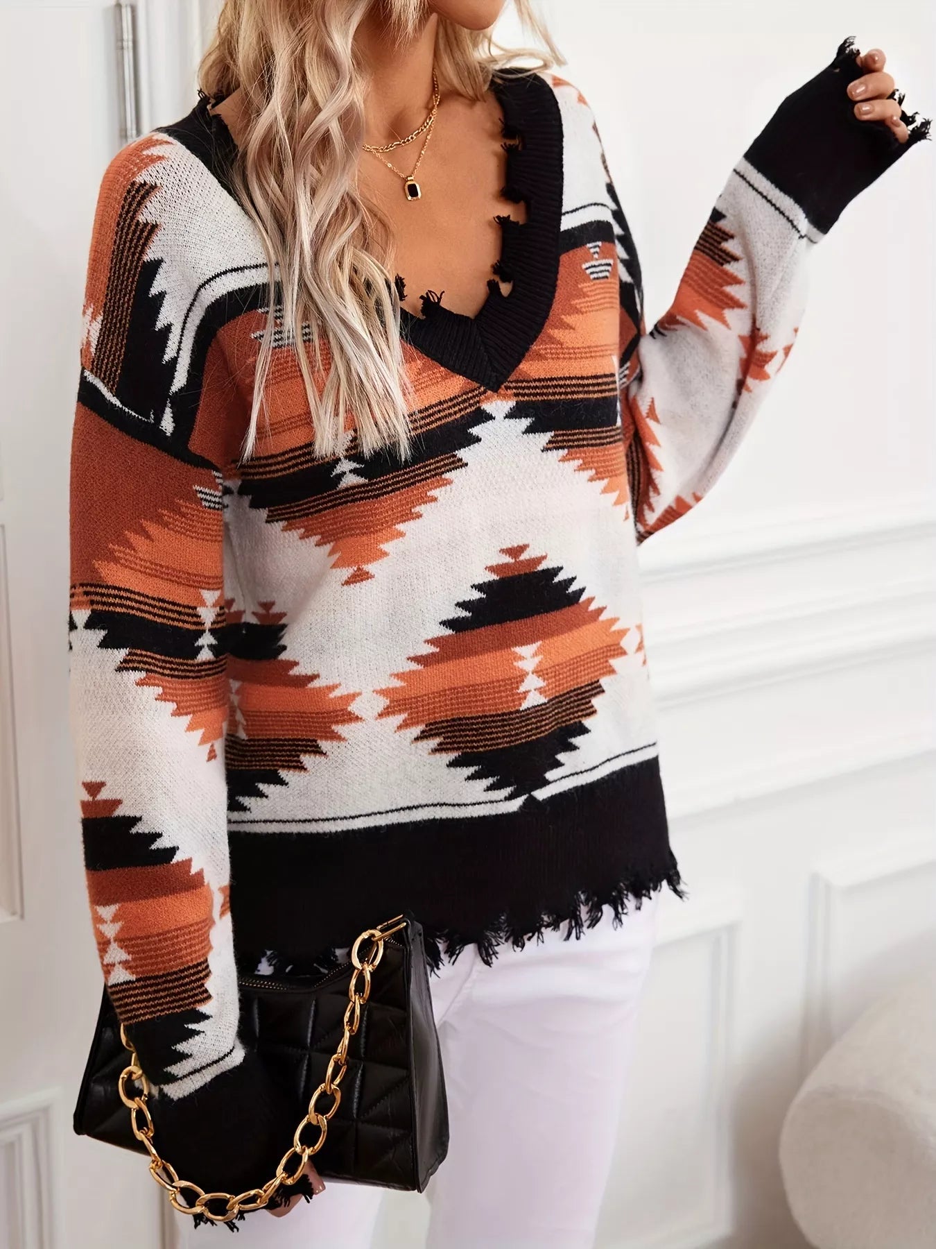 Sarah Express Women's Geometric Frayed Hem V-Neck Long Sleeve Sweater