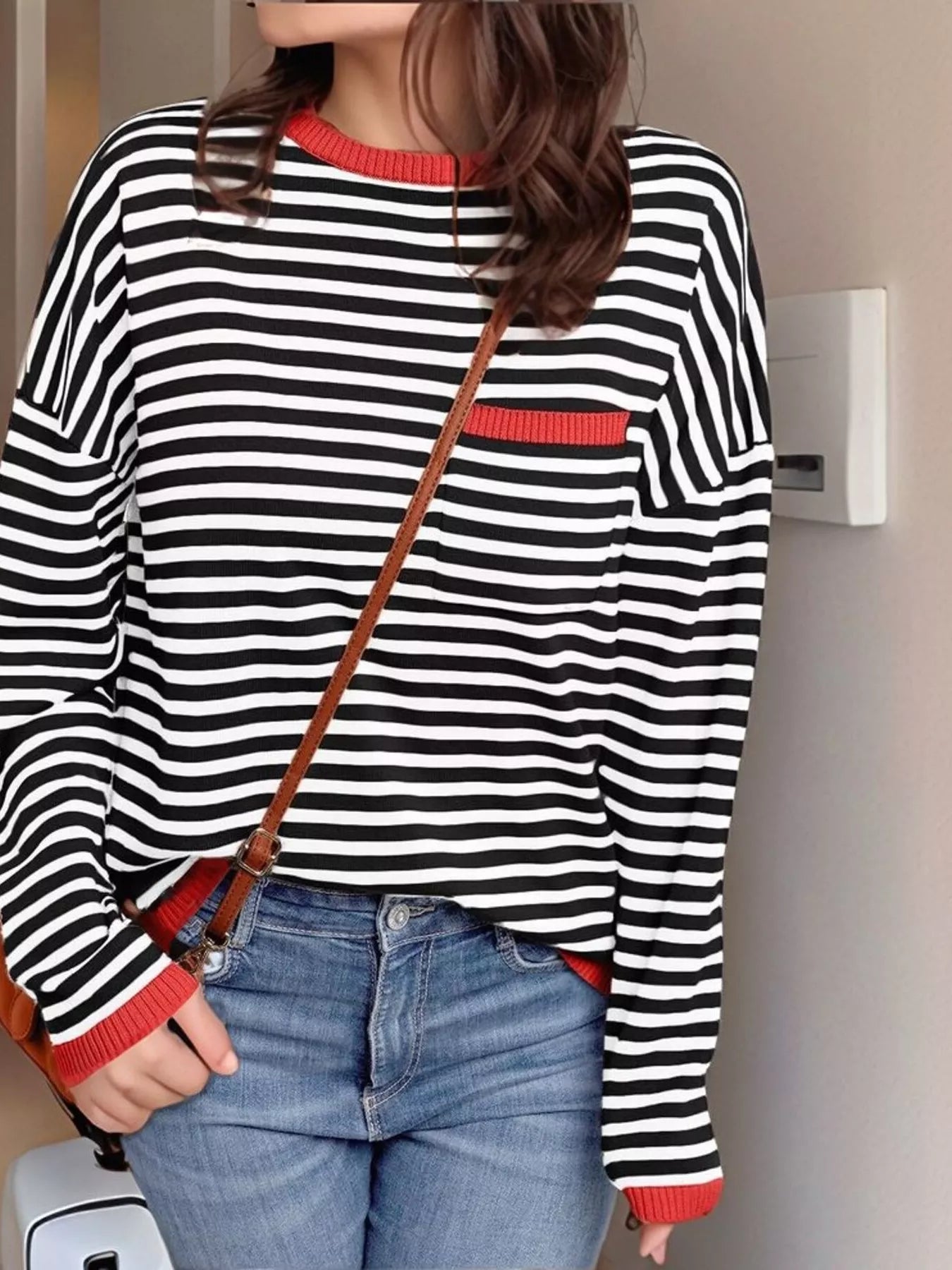 Sarah Express Women's Striped Round Neck Long Sleeve Knit Top with Pockets Scarlet