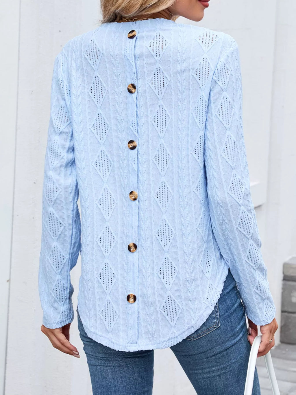 Sarah Express Women's Openwork Textured Long Sleeve Top