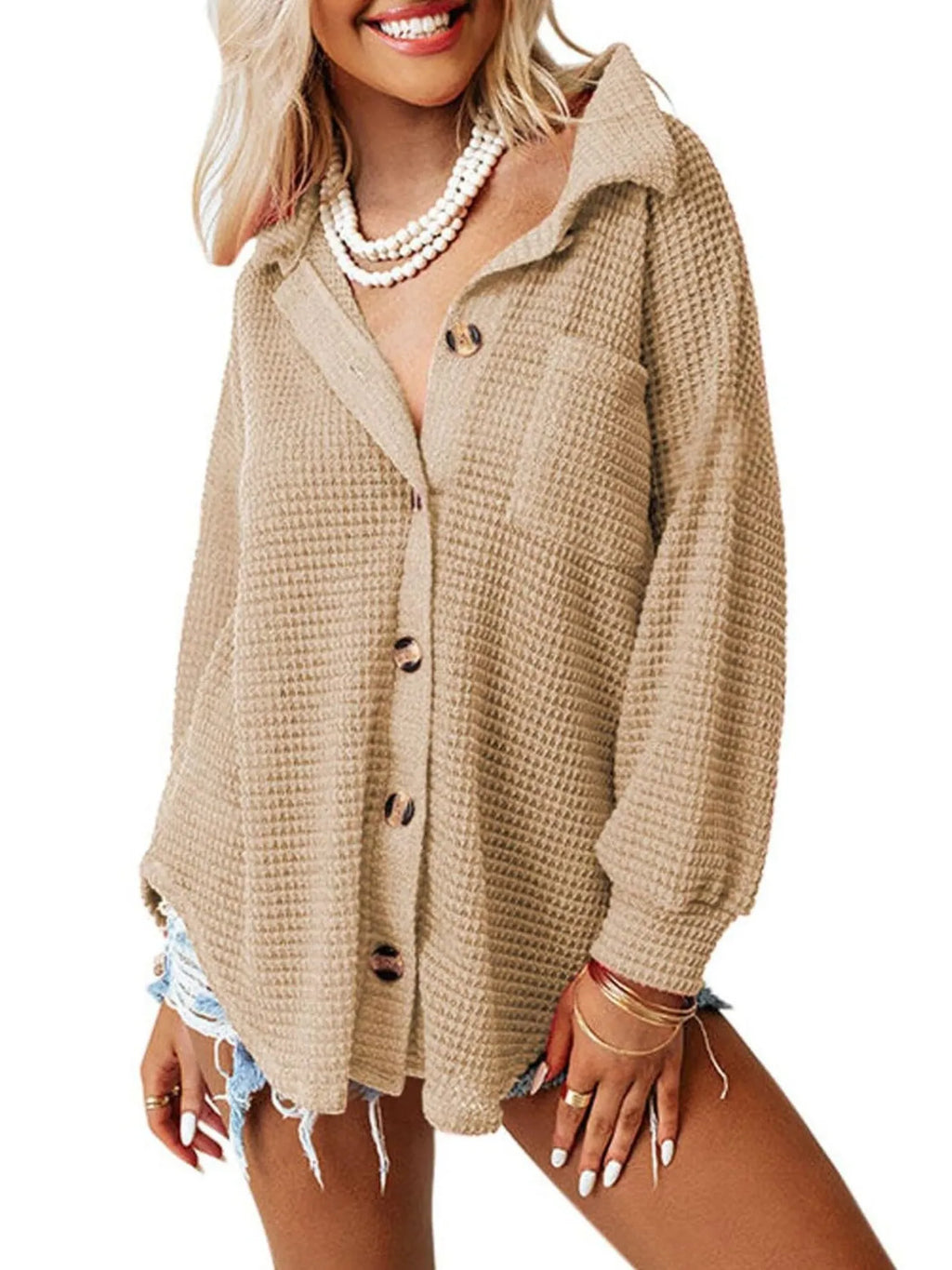 Sarah Express Women's Waffle Knit Button-Down Shirt