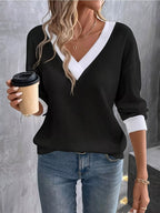 Sarah Express Women's Plus Size V-Neck Long Sleeve Waffle Knit T-Shirt Black