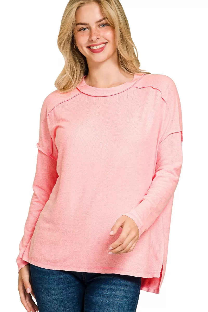 Sarah Express Women’s Plus Size Melange Hacci Tee with Exposed Seam Hi-Low Hem