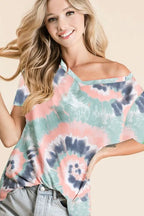 Tie Dye Print Terry V Neck Short Sleeve Top