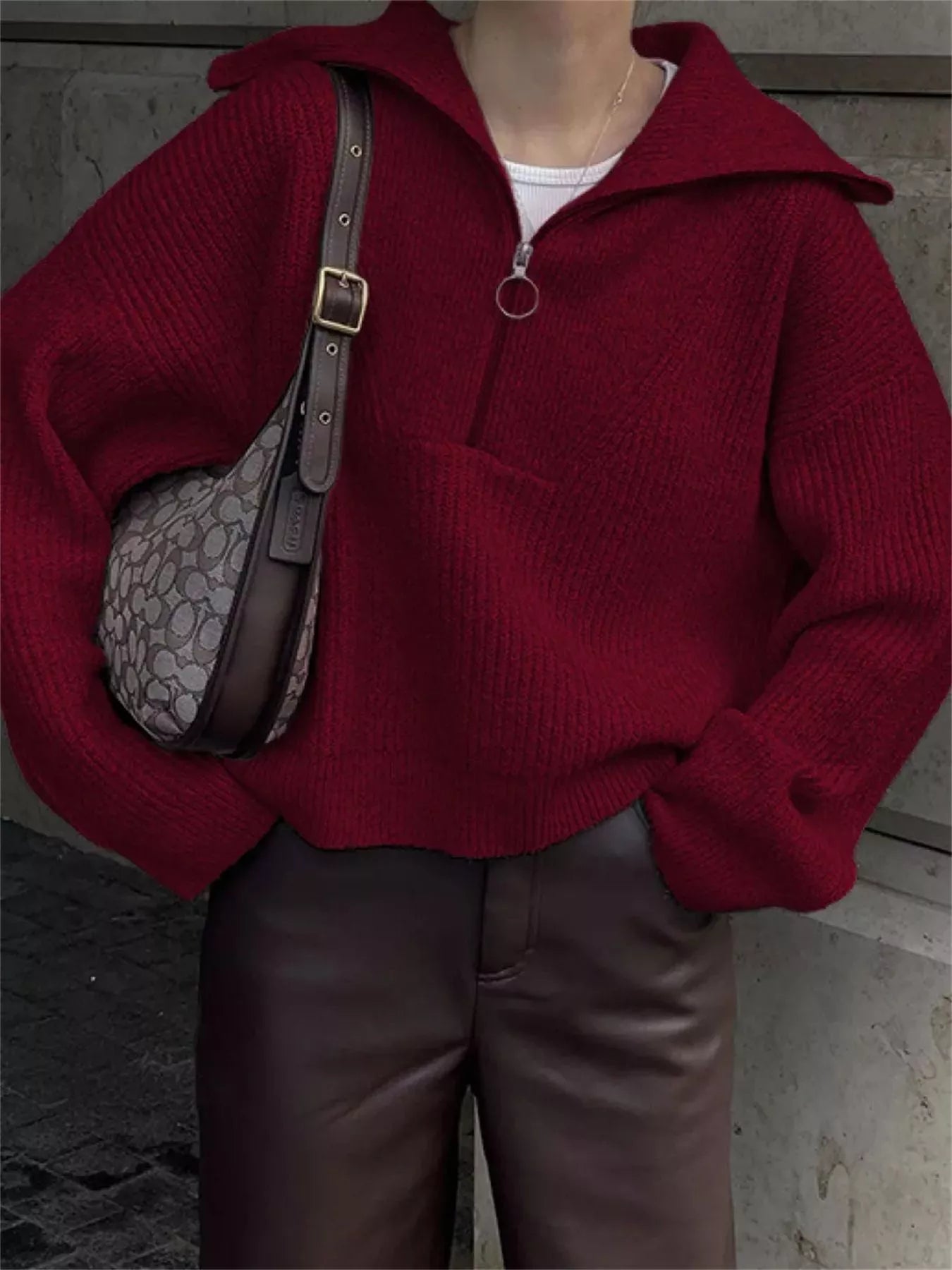 Sarah Express Women's Half Zip Dropped Shoulder Sweater Burgundy One Size