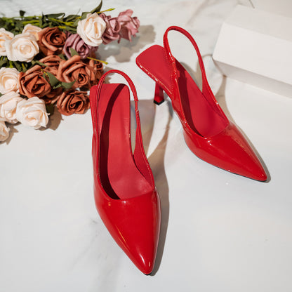 Sarah Express Women's Pointed-Toe Stiletto Heels | Patent Leather Open-Back High Heels Red