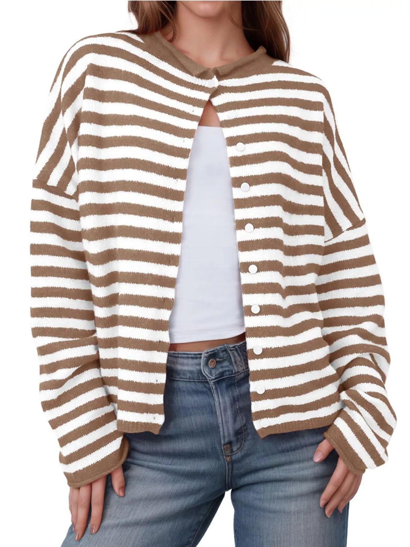 Sarah Express Women's Striped Button-Up Cardigan Coffee Brown