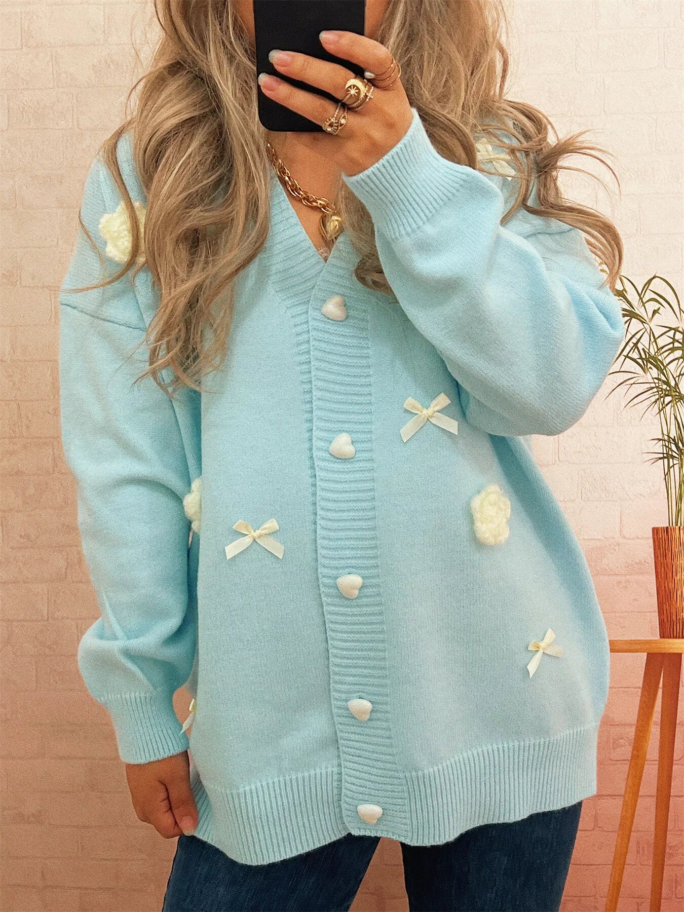 Sarah Express Women's Flower Heart Button Long Sleeve Cardigan